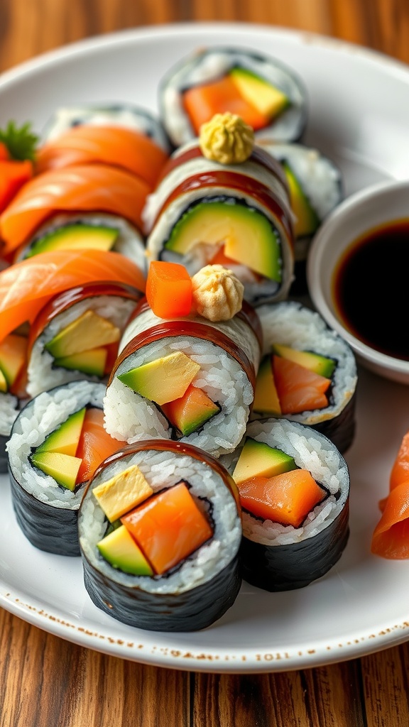 A plate of fresh sushi rolls with avocado, fish, and wasabi, served with soy sauce.